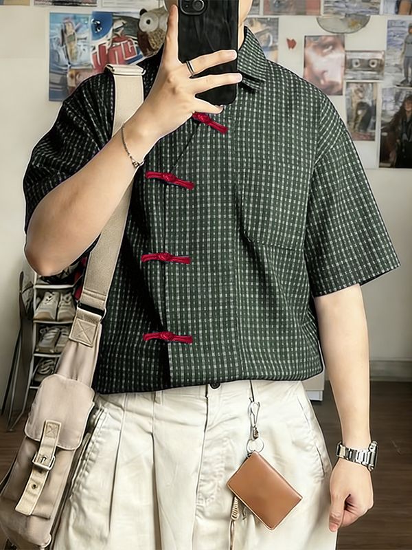 Men's Plaid Color Block Asymmetric Short Sleeve Shirt SKUL57119
