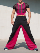 Men's Striped Sheer Mesh Cropped Two Pieces Outfit SKUL23456
