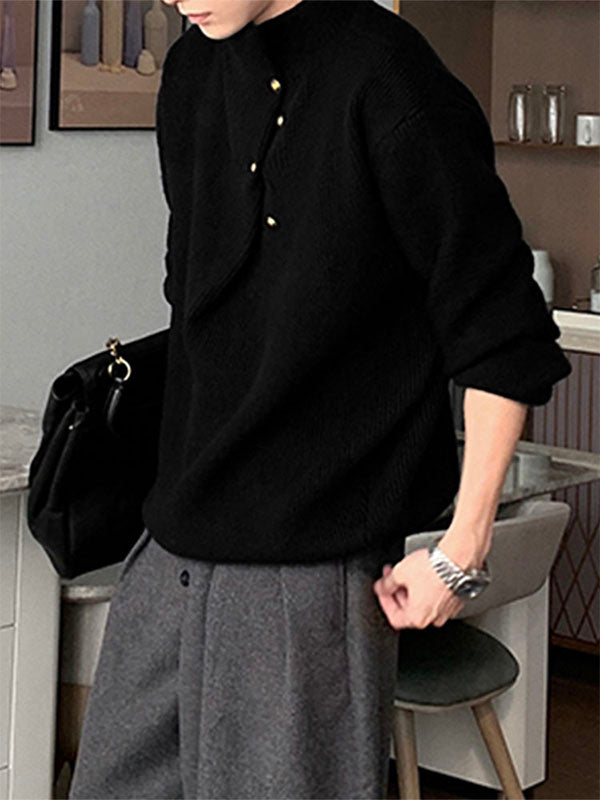 Men's Metal Buckle Patchwork Textured Long Sleeve Sweater SKUL29608