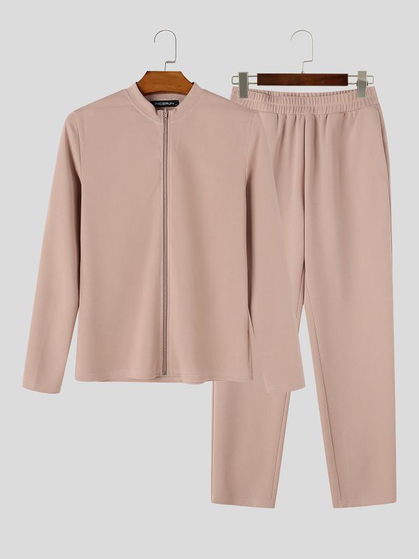 Men's Athletic Minimalist Gym Workout High-Stretch Full-Zip Two Pieces Outfit SKUL85977