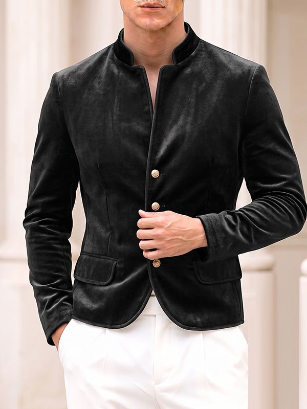 Men's Retro Quiet Luxury Cocktail Party Lustrous Velvet Metal Button Long Sleeve Stand Collar Jacket SKUL77985