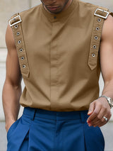 Men's Avant-Garde Industrial Buckled Shoulder Strap Mandarin Collar Sleeveless Shirt SKUL66042