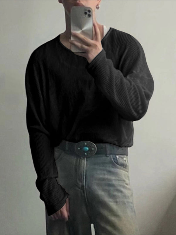 Men's Solid Color Textured Long Sleeve T-Shirt SKUL30550