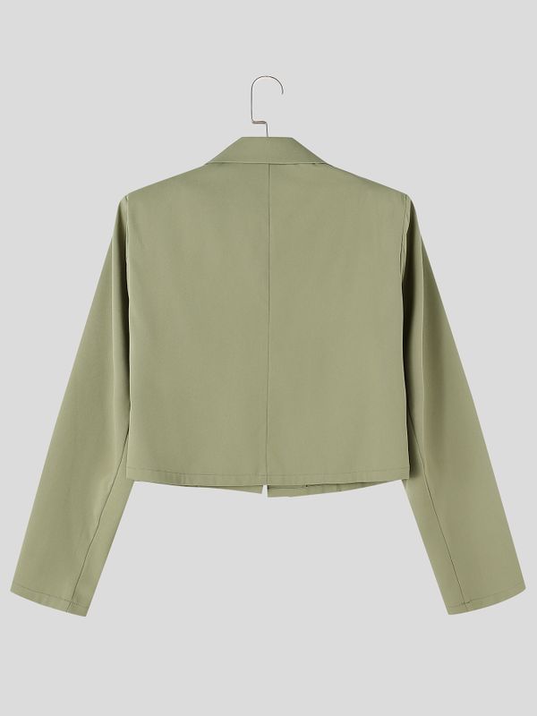 Men's Clean-Fit Minimalist City Walk Notch Lapel Metal Buckle Flap Pocket Cropped Blazer SKUL85231