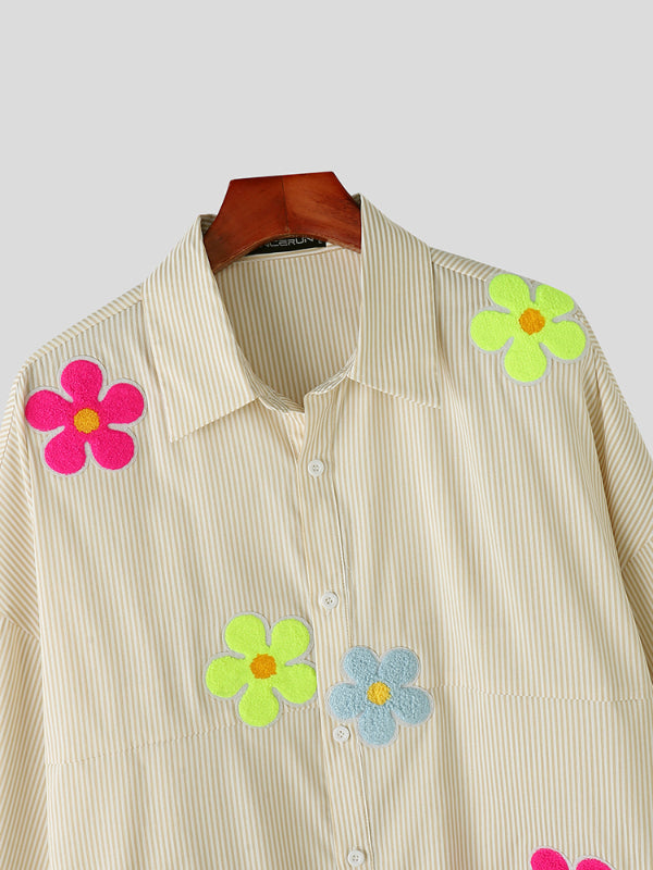 Mens 3D Floral Patchwork Striped Long Sleeve Shirt SKUL12496