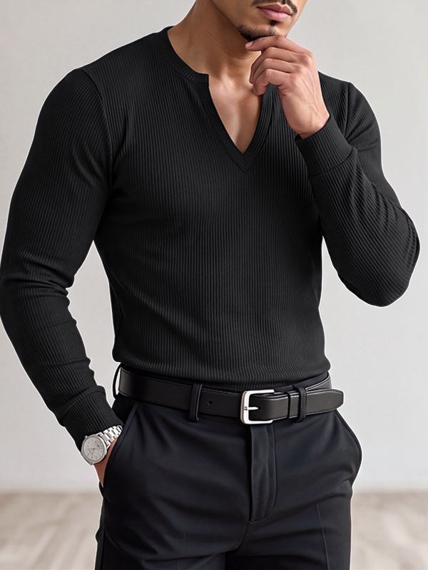 Men's Smart-Casual Ribbed Knit Deep Notch V-Neck Long Sleeve Shirt SKUL80470