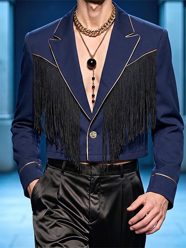 Men's Avant-Garde Runway Western Fringe Gold Piping Single Button Long Sleeve Cropped Blazer SKUL81155