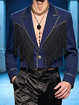 Men's Avant-Garde Runway Western Fringe Gold Piping Single Button Long Sleeve Cropped Blazer SKUL81155