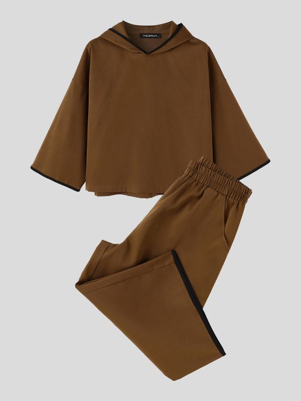 Men's Urban Casual Early Autumn Weekend Trip Solid Color Elastic Waist Two Pieces Outfit SKUL84615