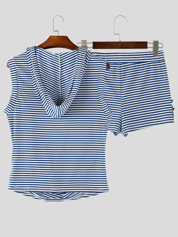 Men's Beach Resort Striped Deep U-Neck Cowl Drape Hooded Tank SKUL68289
