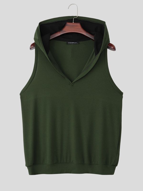 Men's Street Techwear wo-Tone Contrast Hooded Plunging V-Neck Ribbed Fitted Gym Tank SKUL73203