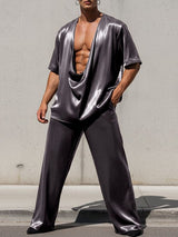 Men's Satin-like Deep V Draped Neck Two Pieces Outfit SKUL55429