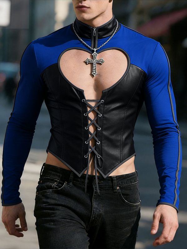 Men's Heart Cutout Knit Colorblock Long Sleeve T-Shirt SKUL30333