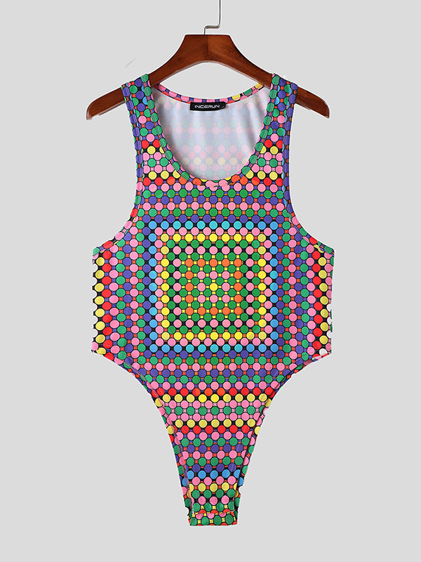 Mens Colorful Polka Dot Print Sleeveless Bodysuit SKUK10566