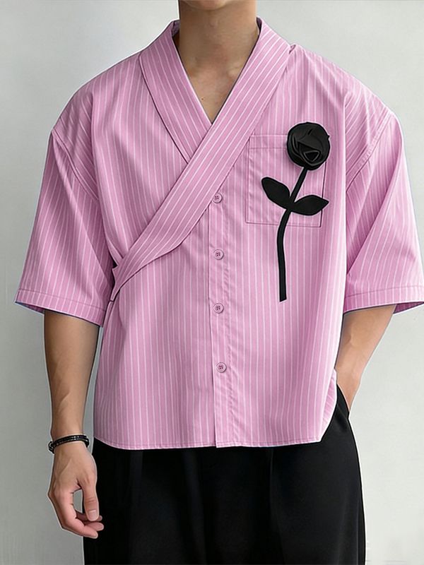 Men's 3D Black Rose Patch Pinstriped Overlap Shirt SKUL63258