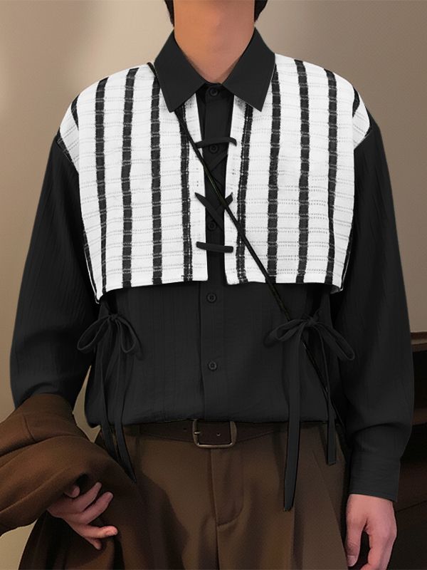 Men's Color Block Patchwork Tie Long Sleeve Shirt SKUL39394