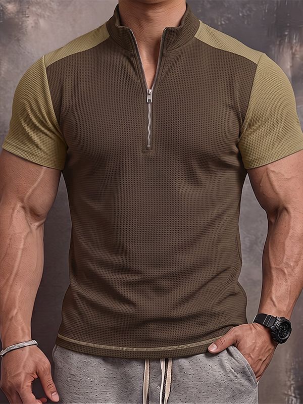 Men's Tactical Techwear Color-Block Half-Zip Stand Collar Waffle Knit Short Sleeve T-shirt SKUL73227