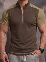 Men's Tactical Techwear Color-Block Half-Zip Stand Collar Waffle Knit Short Sleeve T-shirt SKUL73227