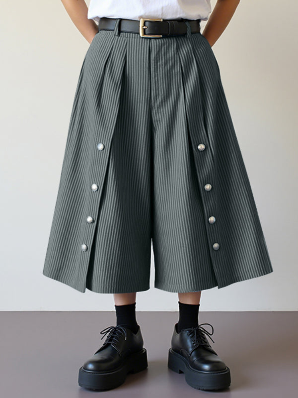 Men's Striped Button Casual Cropped Short SKUL23560