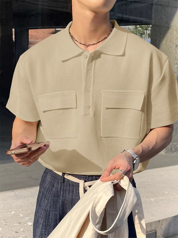 Men's Solid Color Knit Double Pocket Short Sleeve Shirt SKUL21109