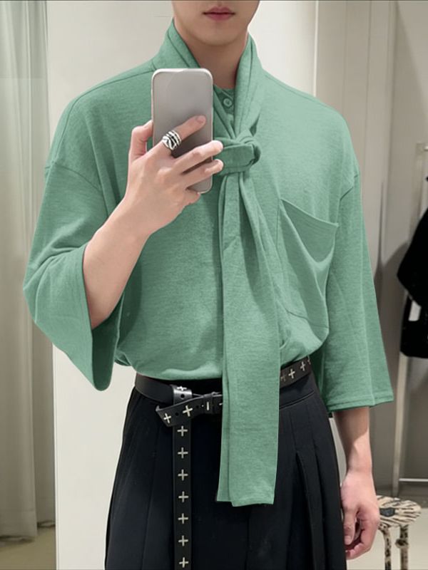 Men's Colorful Cotton Lace Up 3/4 Sleeve Shirt SKUL41015