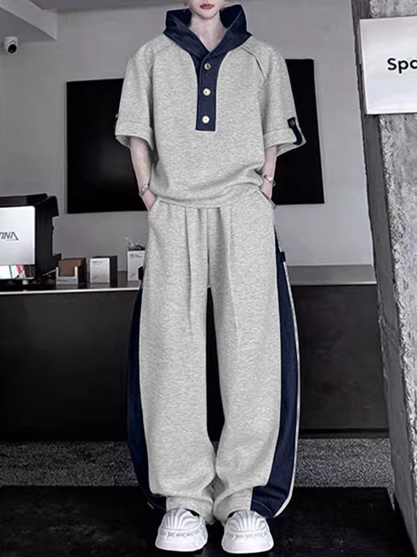 Men's Color Block Hooded Two Pieces Outfit SKUL34187