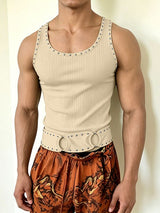 Men's Vintage Heavy Studded Eyelet O-Ring Ribbed Fitted Muscle Tank SKUL63008