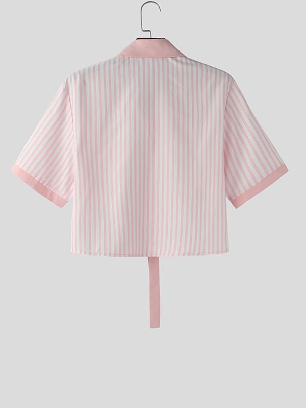 Men's Avant-Garde Cropped Pinstripe 3D Rose Necktie Shirt SKUL55388