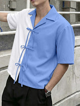 Men's Vintage Colorblock Contrast Tie Front Cuban Collar Short Sleeve Shirt SKUL70268