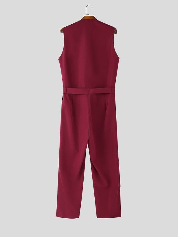 Men's Solid Color Deep V Neck Slit Jumpsuit SKUL55619