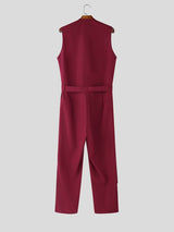 Men's Solid Color Deep V Neck Slit Jumpsuit SKUL55619