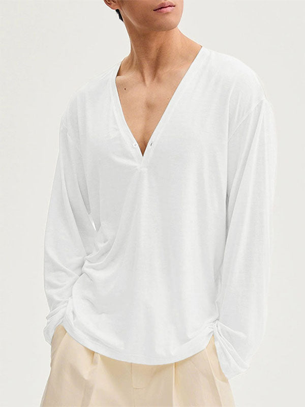 Men's Solid Color V-Neck Long Sleeve T-Shirt SKUL27246