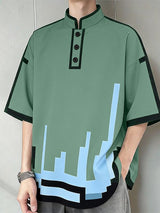 Men's Cyberpunk Pixel Art Style Pixel Graphic Print Mock Neck Button Short Sleeve T-shirt SKUL60730