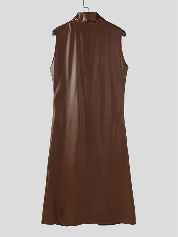 Mens Faux Leather Stand Collar Long Hem Waistcoat SKUL25751