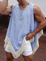 Men's Avant-Garde Party Raw Fringed Diagonal Stripe Oversized Sleeveless V-Neck Tank SKUL81030