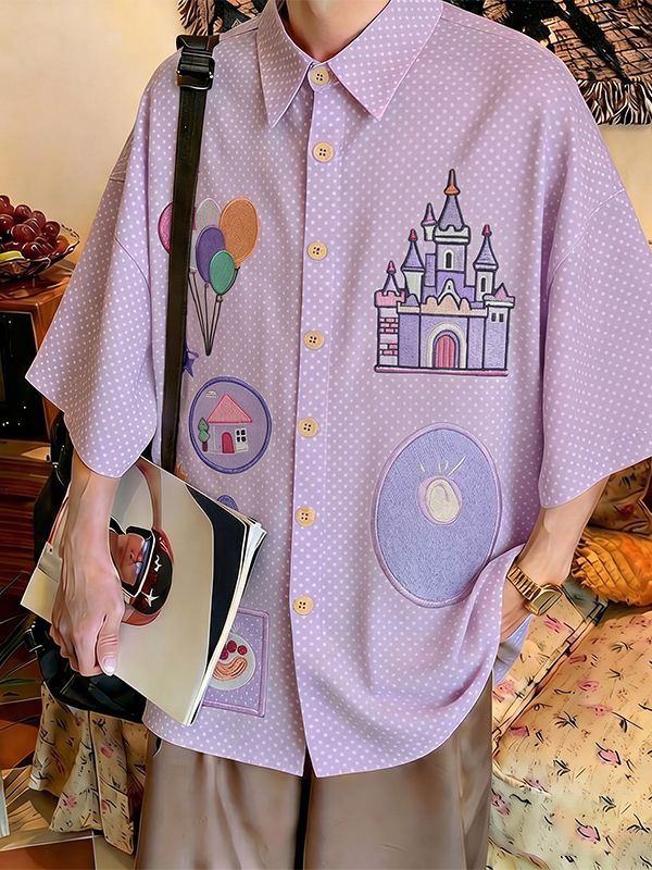 Men's Daily Casual Wear Polka Dot Cartoon Castle Patchwork Oversized Casual Shirt SKUL59596