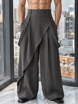 Men's Zen Minimalist Art Exhibition Asymmetric Wrap Overlay High-Waist Wide-Leg Pant SKUL85945
