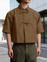 Men's Solid Color Bow Button Short Sleeve Shirt SKUL56279