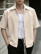 Men's Solid Color Textured Tie Short Sleeve Shirt SKUL62085