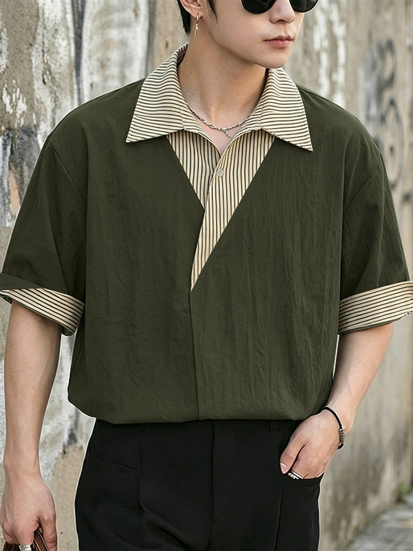 Men's Modern City Boy Relaxed Faux-Layered Asymmetrical Pinstripe Patchwork Shirt SKUL60214