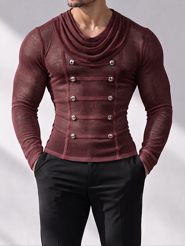 [Pre-order] Men's Victorian Vintage Evening Gala Draped Cowl Neck Double-Breasted Button Muscle T-shirt SKUL88497