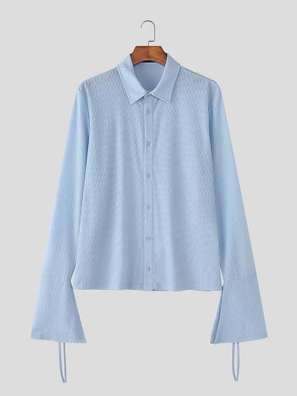 Men's Solid Color Textured Flared Sleeve Ribbon Shirt SKUL47938