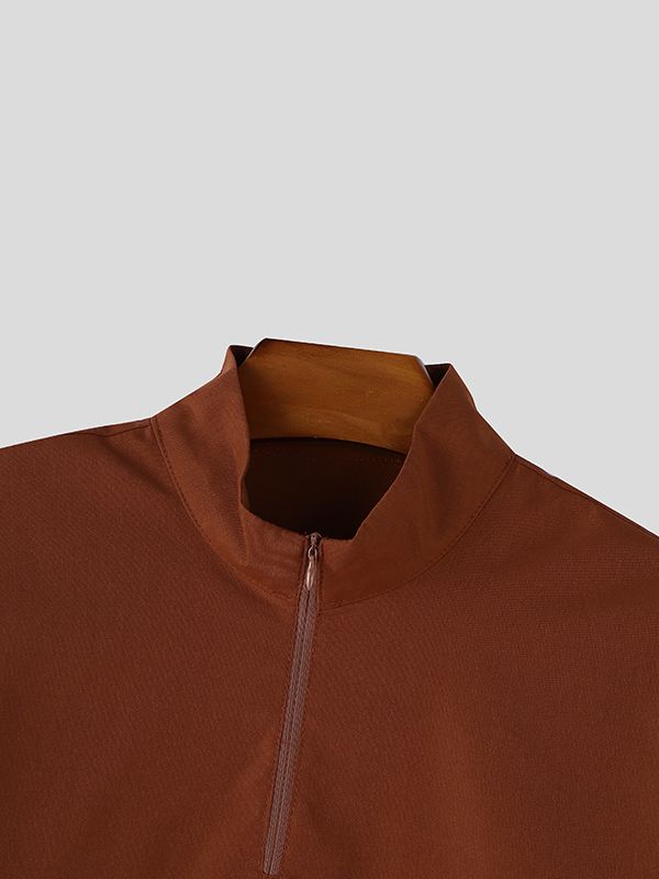 Men's Solid Color Asymmetric Longline Half Zip Short Sleeve Shirt SKUL56315