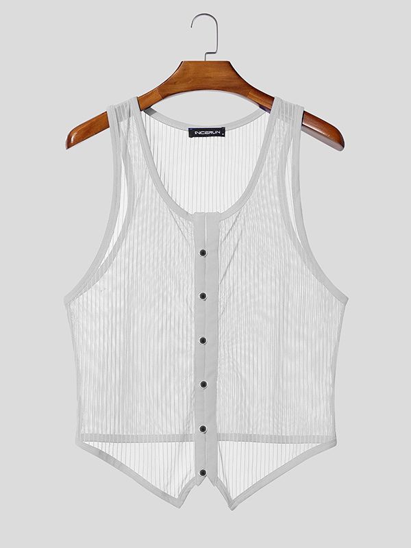 Men's Avant-Garde Vertical Striped Sheer Mesh Button-Down Tank SKUL55295