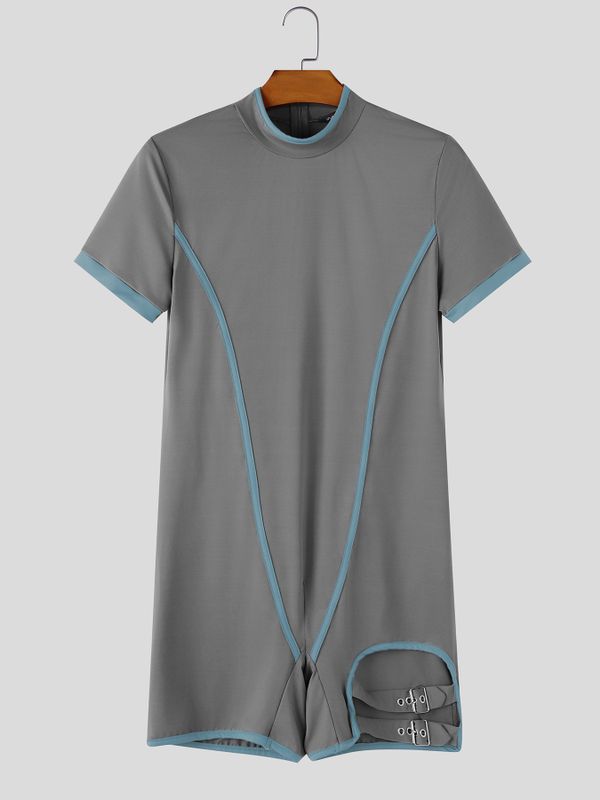 Men's Avant-Garde Party Thigh Strap Cutout Color Block Short Sleeve Crew Neck Bodysuit SKUL79524
