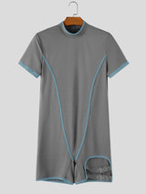 Men's Avant-Garde Party Thigh Strap Cutout Color Block Short Sleeve Crew Neck Bodysuit SKUL79524