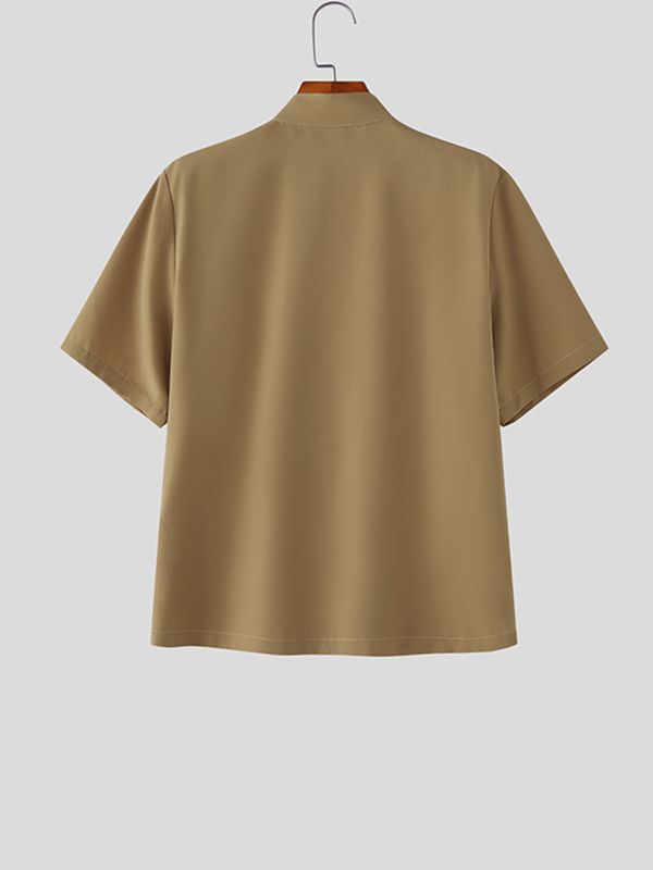 Men's Solid Color Pleated Stand Collar Short Sleeve Shirt SKUL56231