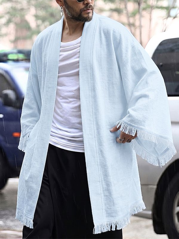 Men's Modern Neo-Chinese Deconstructed Fringe Hem Relaxed Kimono Cardigan SKUL72501