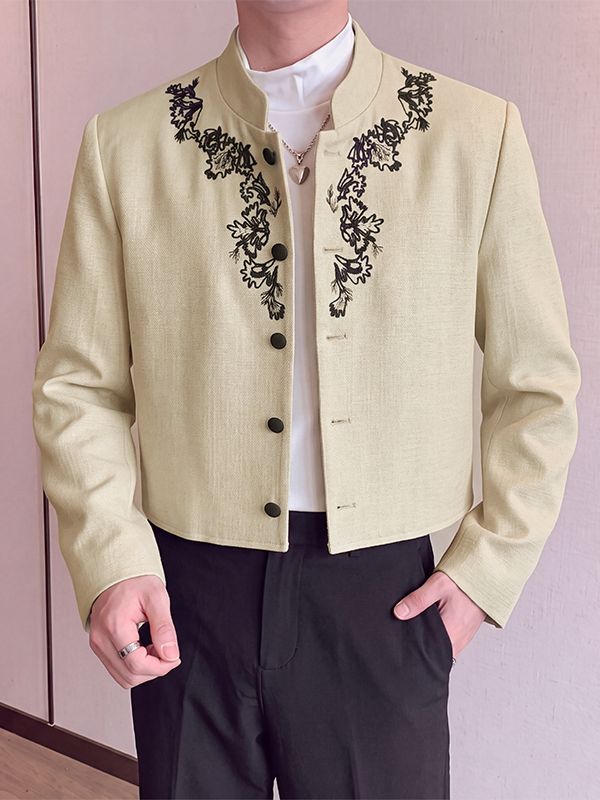 Men's Retro Party Floral Embroidery Cropped Boxy Long Sleeve Stand Collar Blazer SKUL80463