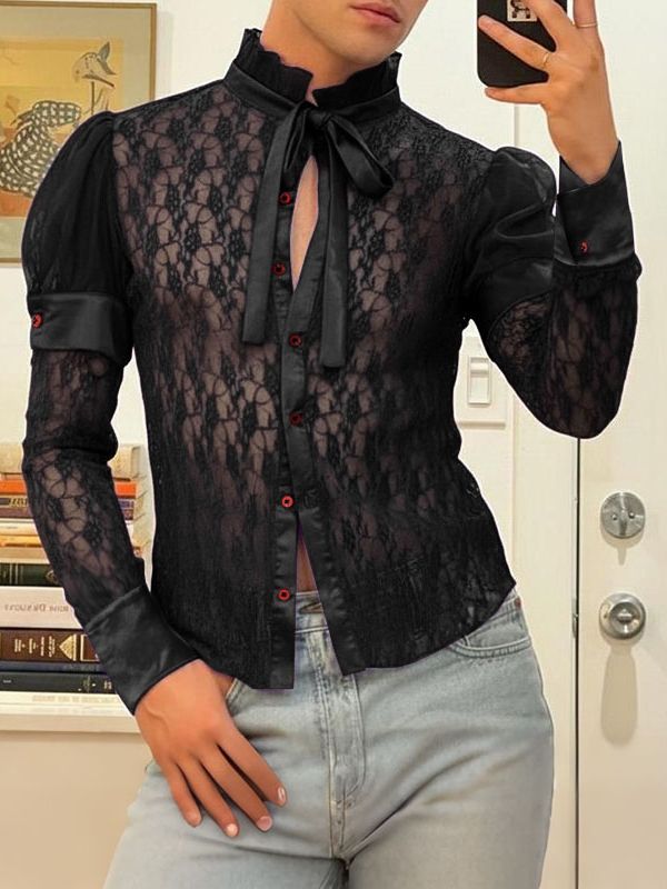 Men's Sheer Lace Puff Sleeve Shirt SKUL39007